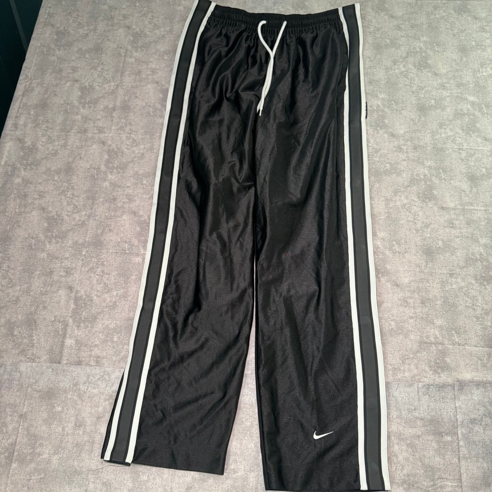 Nike Dri-FIT Black Satin Track Pants Mens Large Side Stripe Swoosh C.72 Joggers